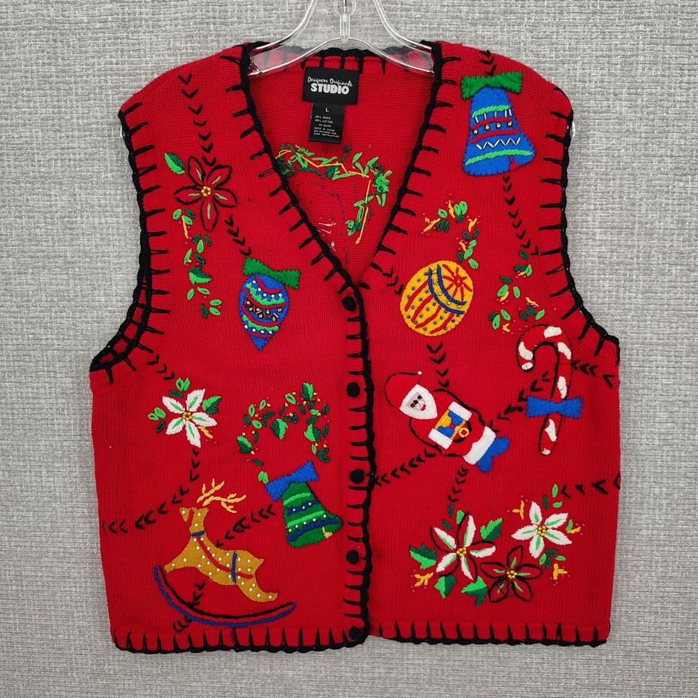Vintage Designers Originals STUDIO Christmas Sweater Vest Women Large Red Vntg